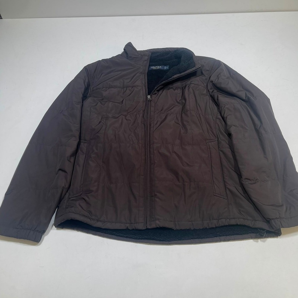 Nautica Puffer Jacket Mens XL Brown Sherpa Lined Quilted Full Zip Winter Coat